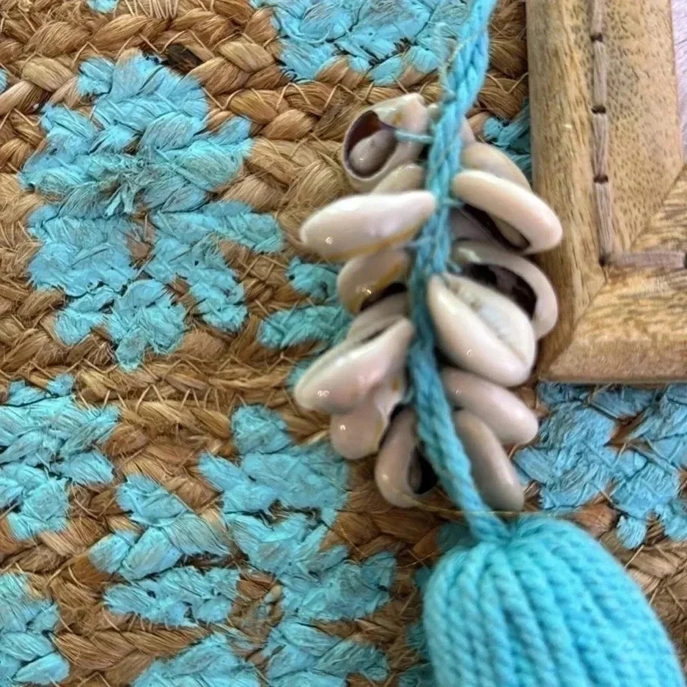 Twig & Arrow Boho Woven Jute Hand Painted Turquoise Flower Tote Beach Bag